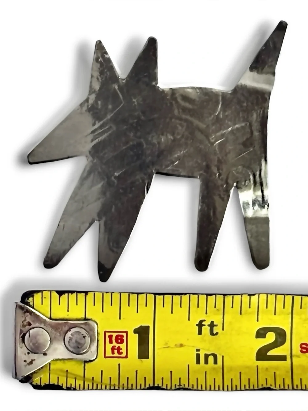 VTG Brutalist Primitive Dog Wolf Brooch Pin Silver Tone Abstract Folk Art Retro